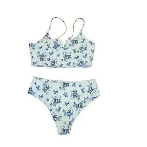 Zaful Women's White & Blue Poly/Spandex Floral Bikini w Removeable Pads & Adj St